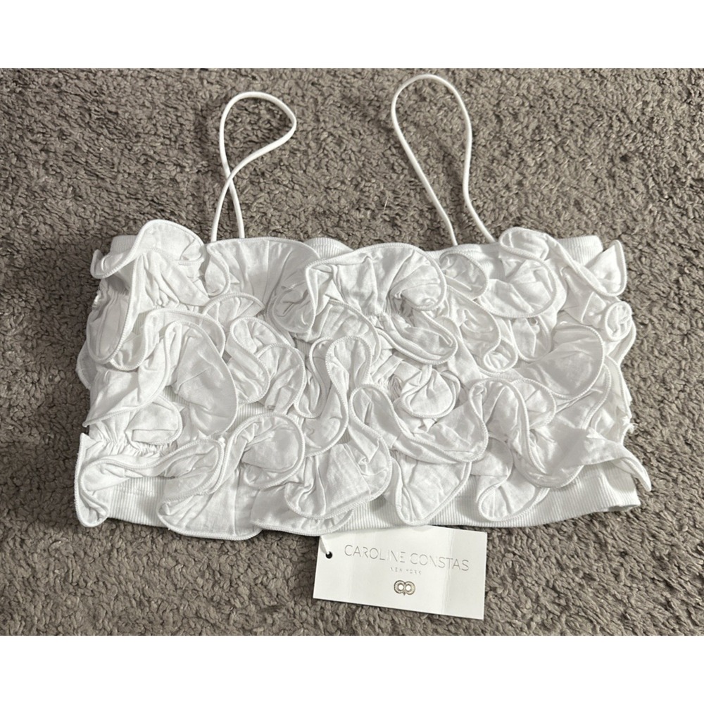 Caroline Constas Size Large Ruffle Spaghetti Strap Ribbed Camisole Cropped White